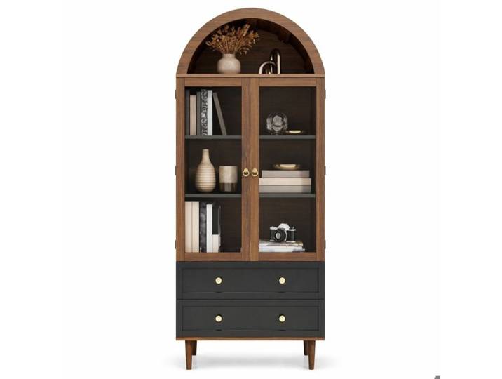 Vitrine haute en MDF et verre effet noyer portes vitrées étagères réglables et 2 tiroirs
