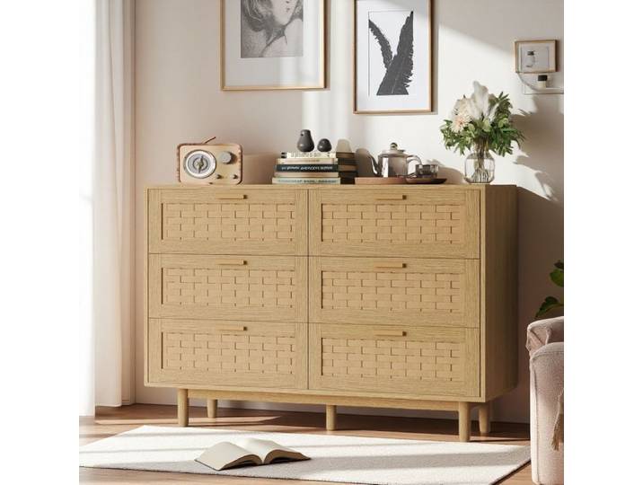 Buffet bas - 115x40x80 cm - Rotin intégré - 6 tiroirs - Aspect bois