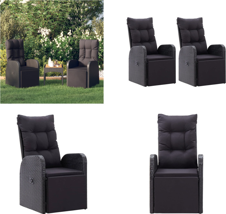 vidaXL Gartensessel mit Kissen 2 Stk. Verstellbar Schwarz Poly Rattan - Garten-Liegestuhl - Garten-Liegestühle - Relaxsessel - Gartenmöbel