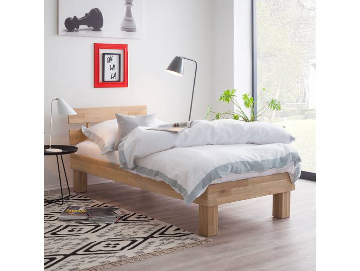 Massivholzbett AresWOOD 90 x 200cm Massivholz Eiche, geölt Beige/Eiche Weißöl mit Kopfteil Eiche