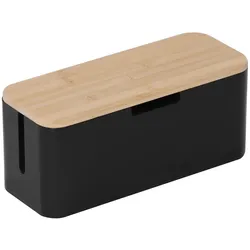 Relaxdays Kabelbox für Steckdosenleiste, Bambus, Deckel, 14,5x34x13,5 cm, Kabel verstecken, Steckdosenbox, natur/schwarz