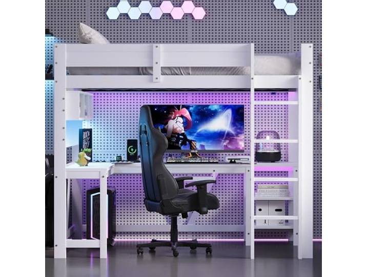 Holzbett Hochbett 90x200 mit LED-Licht & Schreibtisch & Regal & USB, Weiß Multifunktionales Kinderbett Jugendbett mit LED-Beleuchtung, Schreibtisch, Regal, Ladestation und Stauraum, Ohne Matratze