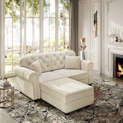 Loedds 63-inch Chesterfield Velvet Loveseat with Ottoman with Nailhead Trim and Button Tufting for Living Room