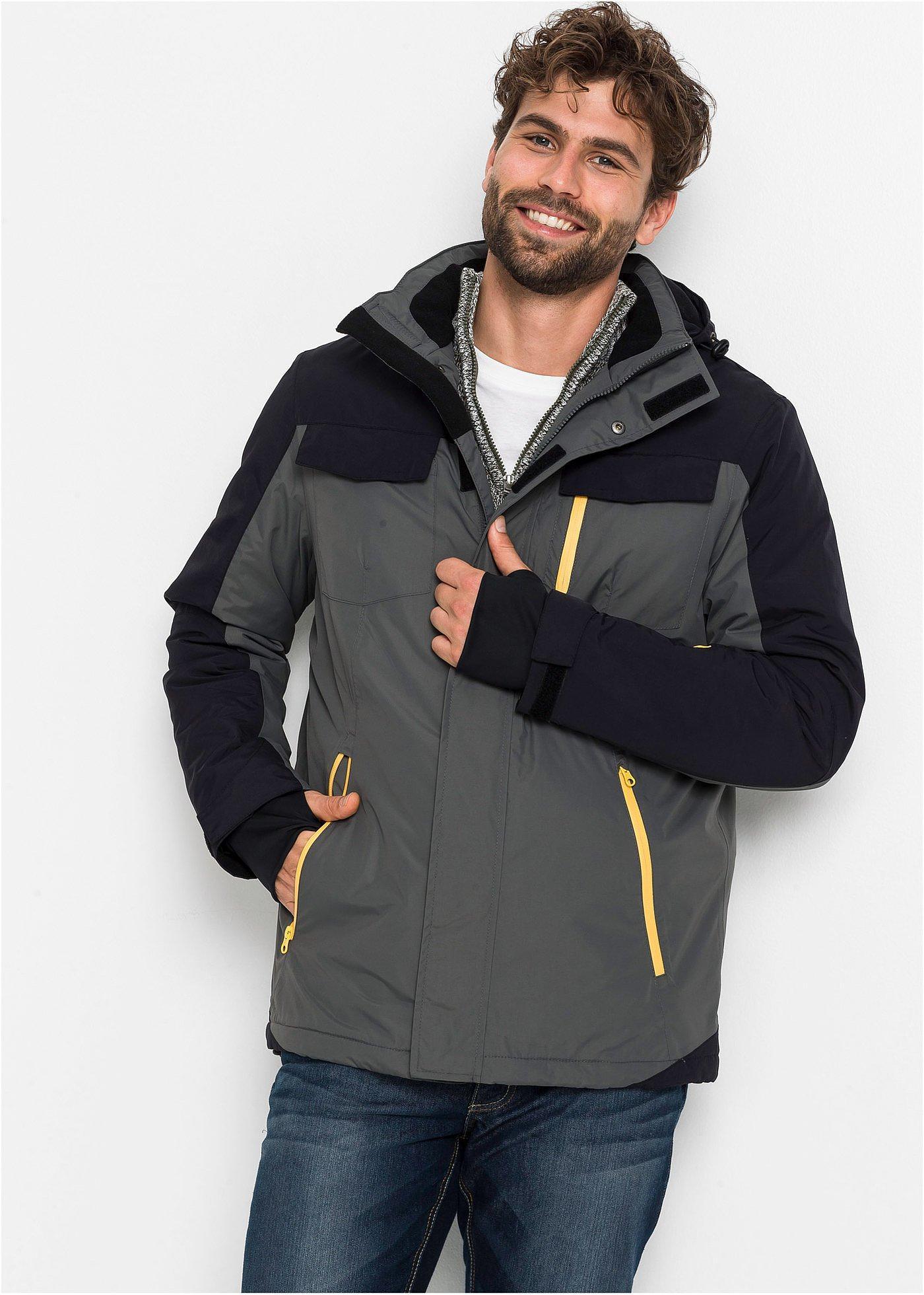 bonprix Wasserdichte Funktions-Jacke, grau, Gr.46, Wetterfeste Herren Winterjacke mit Funktion, mit Kapuze und reflektierendem Druck