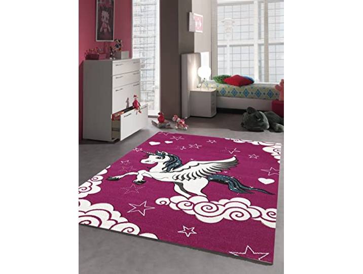 the carpet Monde Kids - Tapis Moderne Doux pour Enfant - Facile d'entretien - Couleurs Vives - Licorne - Fuchsia - Violet - 120 x 170 cm