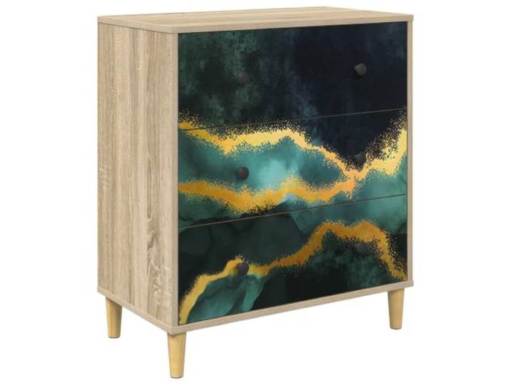 KUPTYERFG Kommode WIJHE 3 Schubladen 66x36,5x75cm Sonoma Türkis Stilvoller Beistellschrank mit türkis-marmorierter Front und erhobenen Füßen für Ordnung im Schlafzimmer und Flur.