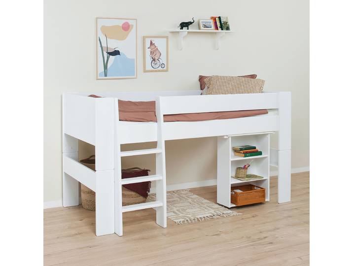 Hochbett Pure - halbhoch 90 x 200cm Weiß mit Leiter & Ablage