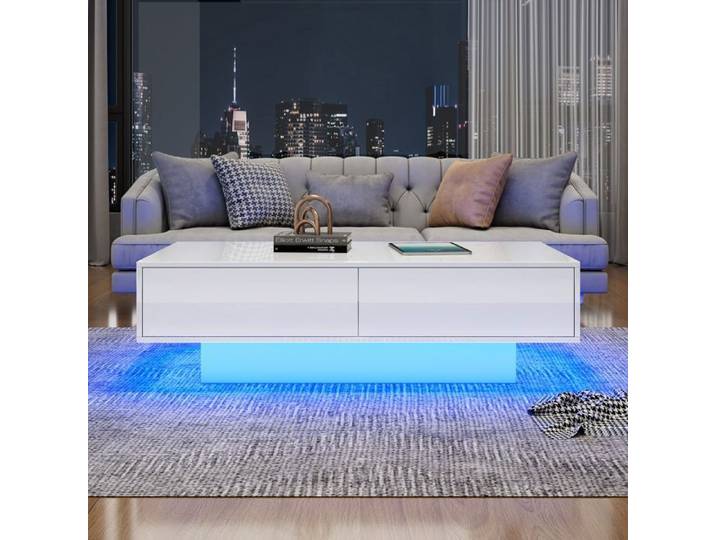 Table de Salon - PDZZZD - 115cm - Blanc Brillant - Éclairage LED - 2 Tiroirs