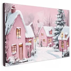 LEINWANDBILD Weihnachtsdorf - Rosa - Winter - Schnee - Häuser Gemälde 60x40 cm