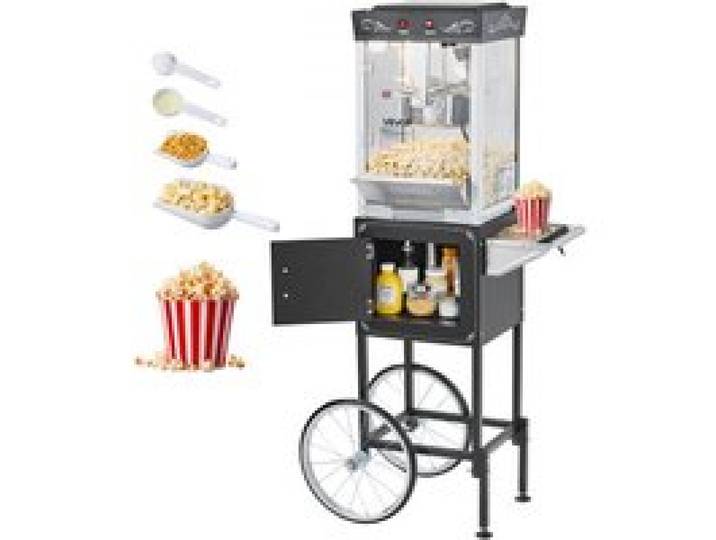VEVOR Popcornmaschine Popcornautomat mit Kessel & Wagen, 800 W kommerzieller Popcornmaker, 48 Tassen pro Ladung, mit 2-Tasten-Bedienung, Glaswand, PC-Tür, 1 Portionierer, 3 Löffel, Schwarz