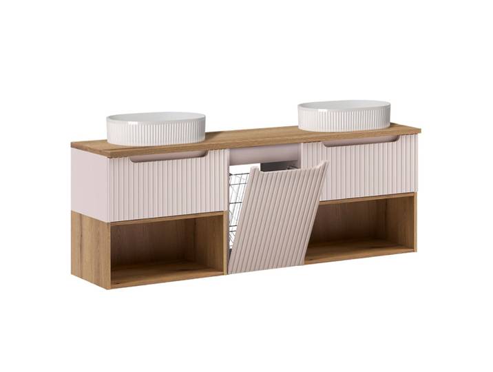 Meuble double vasque 160cm panier panneaux stratifiés beige