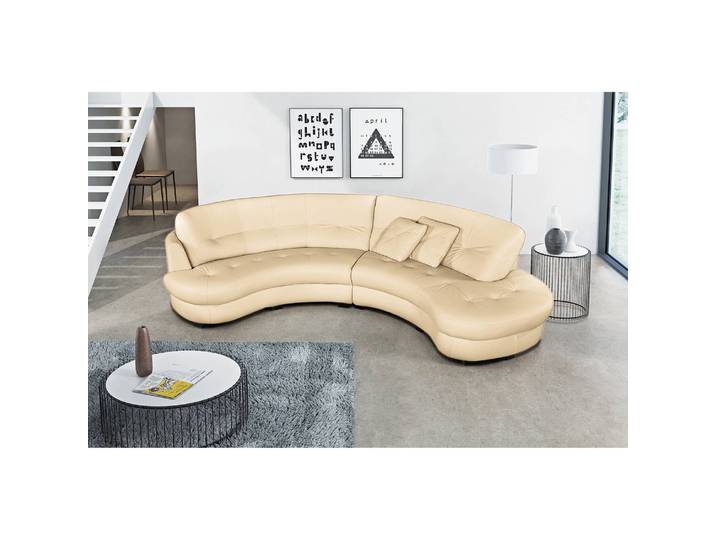 Ecksofa Komula Beige/Beige Echtleder Mabel 300 x 80 x 113cm Ottomane davorstehend rechts Glamour