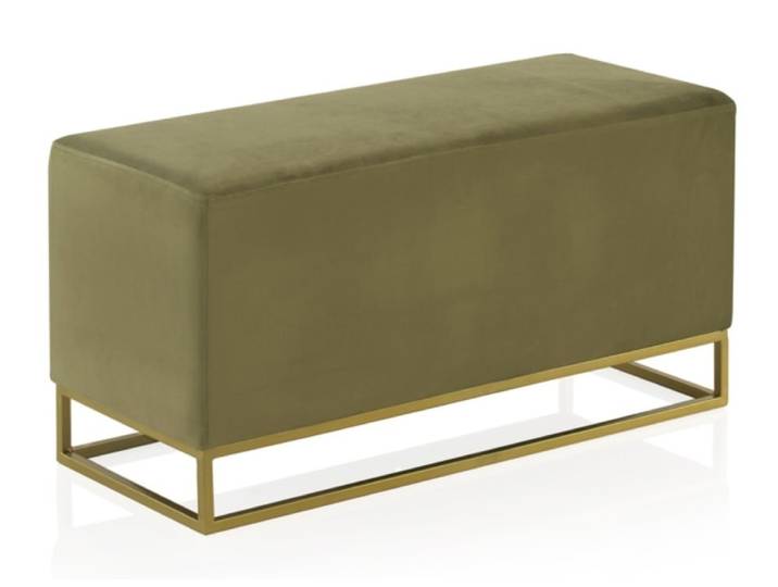 Tabouret tapissé en tissu velours vert avec base dorée