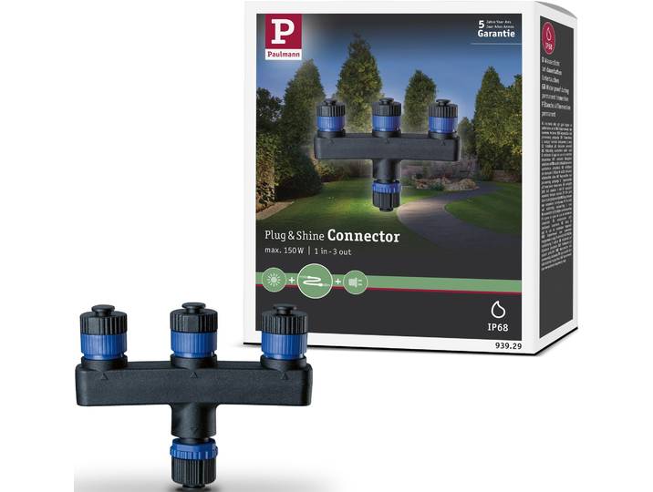 Verteiler PAULMANN Outdoor Plug&Shine IP68 , schwarz (schwarz, blau), B:9,4cm H:7,5cm, Kunststoff, Verteiler, Verteiler, 1 in - 3 out