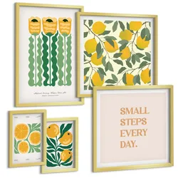 BILDER SET 5er Set - 50x50 cm & 20x30 cm & 40x60 cm Goldrahmen - Pflanzenmuster mit Blumen