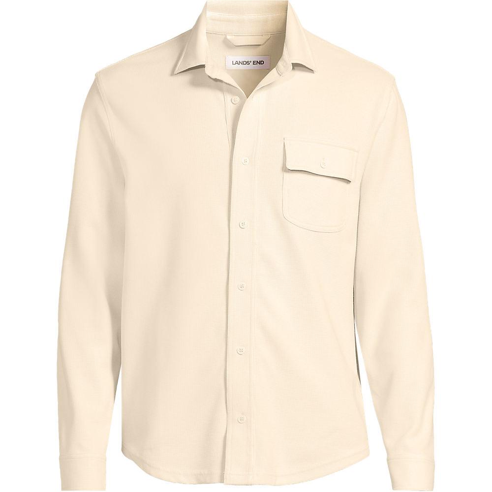 Jacquard-Shirt mit V-Ausschnitt, Herren, size: regular, Elfenbein, Elasthan/Baumwoll-Mischung/Polyester-Mischung, by Lands' End