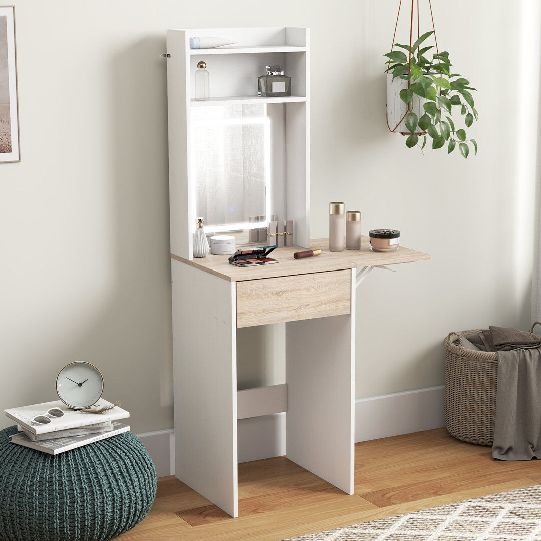 East Urban Home HOMCOM Compact Dressing Table with Lighted Mirror Open Shelves White 152cm H X 45cm W X 45cm D