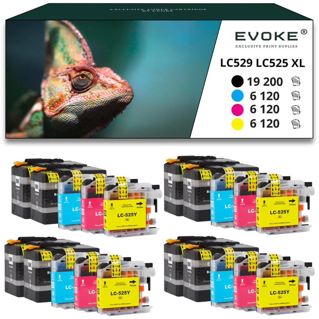 Evoke inktcartridges compatibel met Brother LC-529XLBK LC529XL LC525XL, 20 stuks, 760 ml, zwart, cyaan, magenta, geel