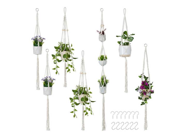 Relaxdays Blumenampel Creme Natur Makrame, Textil, Metall, Holz, 155 cm, Dekoration, Blumen & Blumentöpfe, Übertöpfe