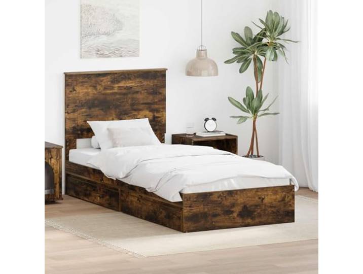 RJPLMFV Aufbewahrungsbett, Raucheiche, 90 x 190 cm, Holz Lattenrost, 2 integrierte Schubladen, modernes Design, einfache Reinigung