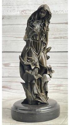 Bronzhaus Nymph Girl Among The Flowers Bronze Sculpture Statue Figure On Marble Base