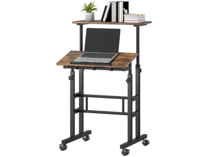 HOMCOM Schreibtisch Höhenverstellbar Küchentisch mit Regal, Rollen Braun