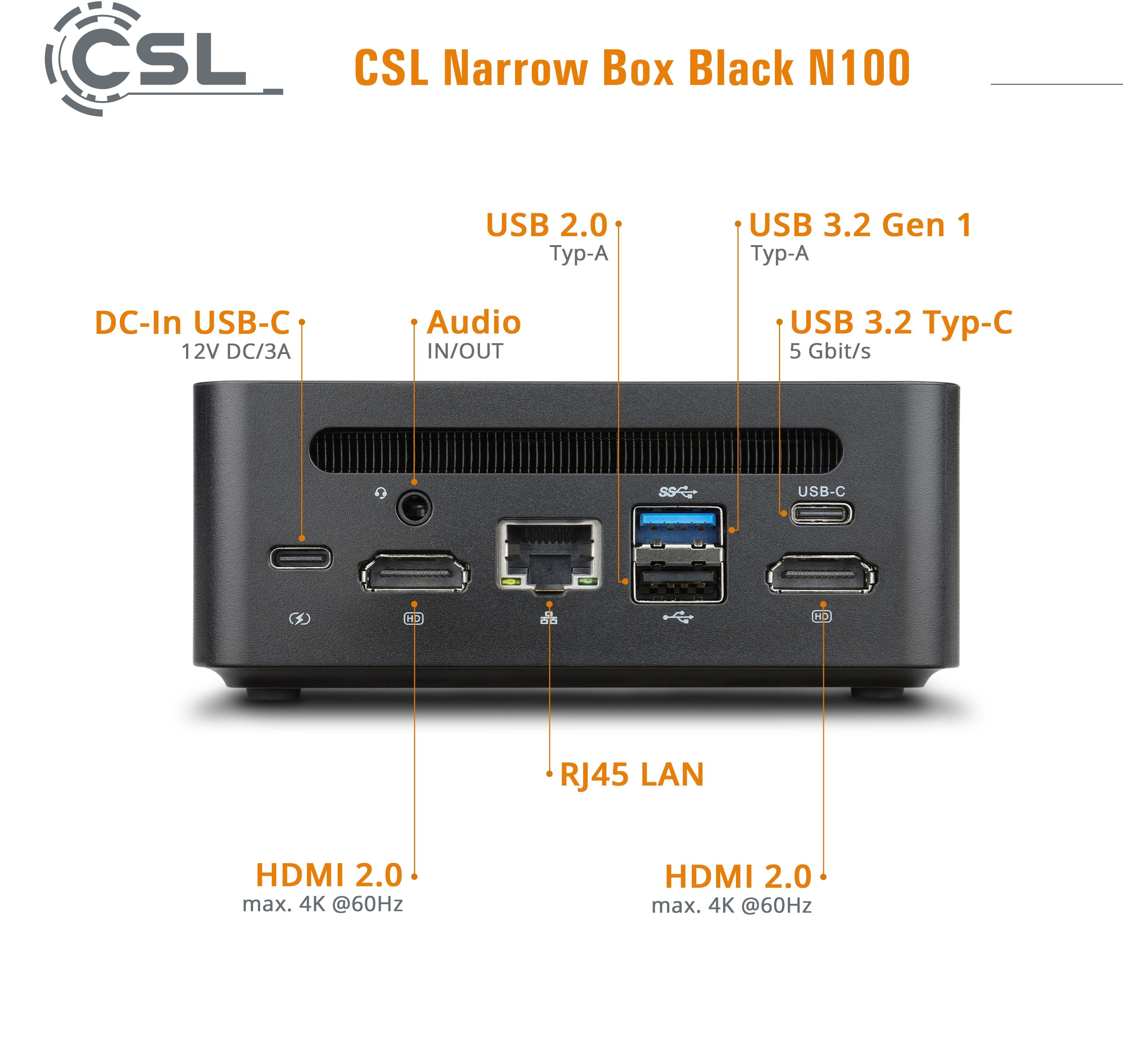 CSL PC "Narrow Box Black N100", schwarz, Microsoft Windows 11 Pro (64 Bit), Intel UHD-grafik, 8 GB RAM 1.000 GB SSD, Desktop-PCs, PC