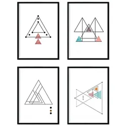 POSTER Set mit 4 dünne Linien Nordischen Dreiecke geometrische Blätter in Rot und Blau A4 Rahmenlos