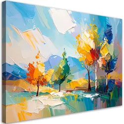 LEINWANDBILD Bunte Landschaft Bäume Wald Ölgemälde-Imitation 120x80cm