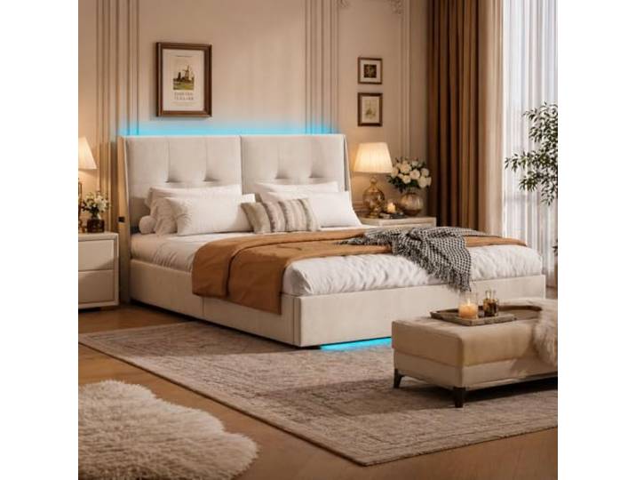 JiaOyu Modernes Polsterbett 160x200cm mit LED-Beleuchtung & Stauraum, Bettgestell mit Gepolstert Kopfteil, Doppelbett mit Lattenrost und Metallrahmen, ohne Matratze(Beige+LED, 160x200cm)