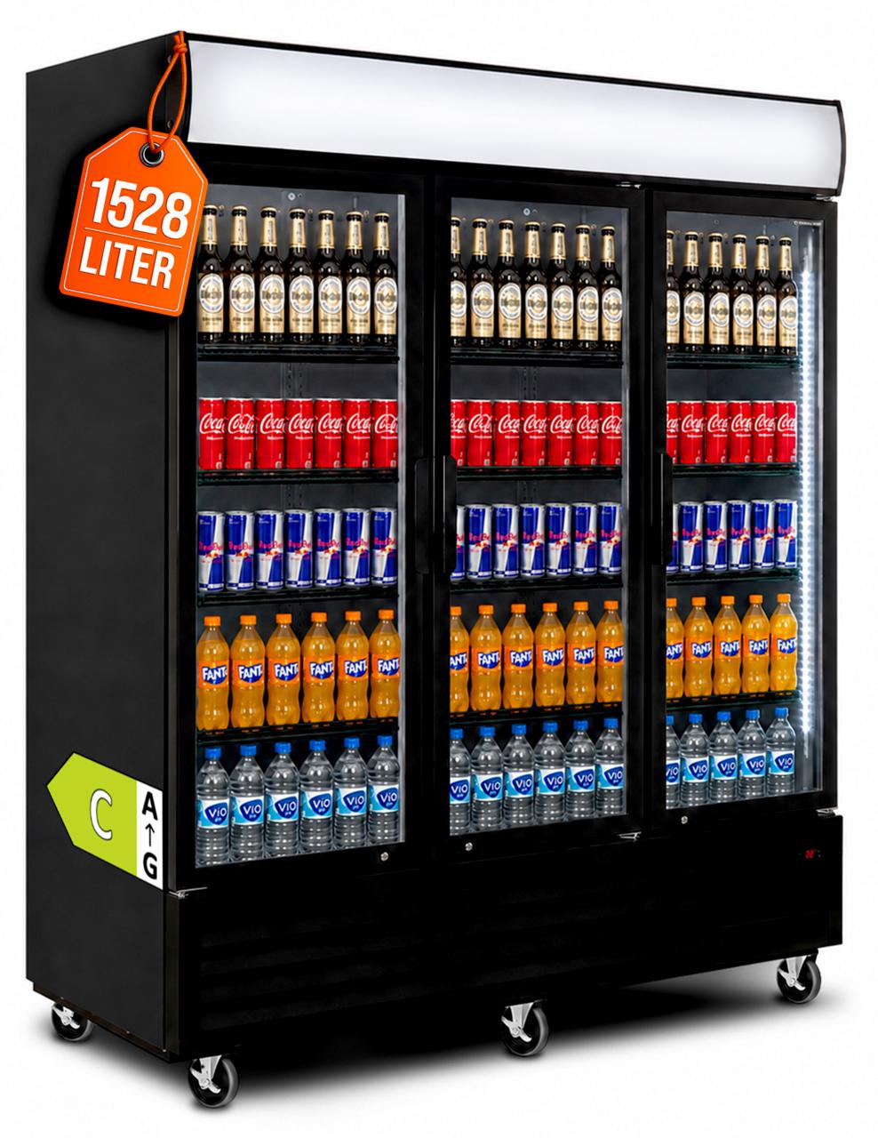 GastroHero Getränkekühlschrank ECO 1500 mit Klapptüren, LED-Leuchtaufsatz & Innenbeleuchtung, schwarz