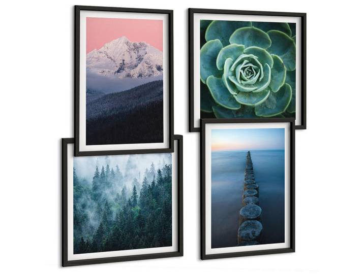 Tulup Bilder SET 4er Set - 50x50 cm & 40x60 cm Schwarzer Rahmen - Berge, rosa Himmel, Wasser, Sukkulente, Kunststoff, Rechteckig, 50x50 cm, Fotografie, Bilder & Rahmen, Bilder
