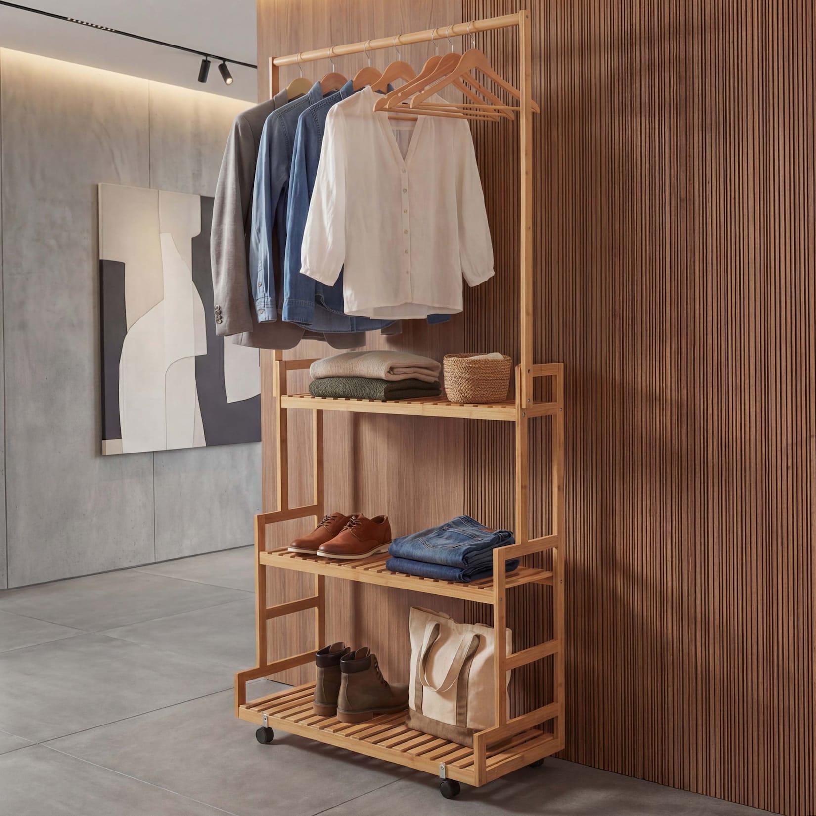 Bambus Standgarderobe MCW-Q33, Garderobenständer Kleiderständer Schuhregal, Stange 3 Ablagen Rollen 175x93x38cm ~ natur