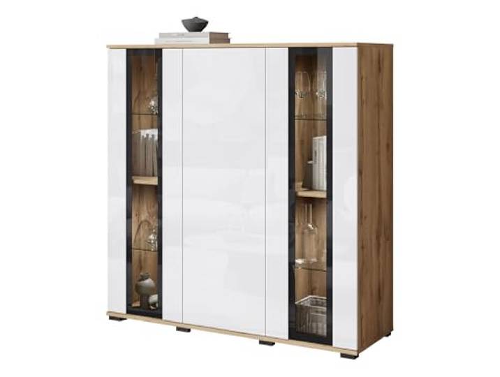 Mirjan24 Kommode Clarkoy HB 120 mit 3 Türen, gehärtetem Glas, griffloses Öffnungssystem, Highboard in Naturtönen – Mehrzweckschrank (Wotan/Weiß Hochglanz, mit LED Beleuchtung)