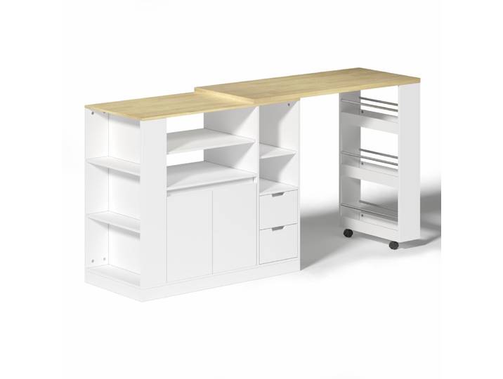 Table de bar extensible avec plan de travail pivotant bois et blanc