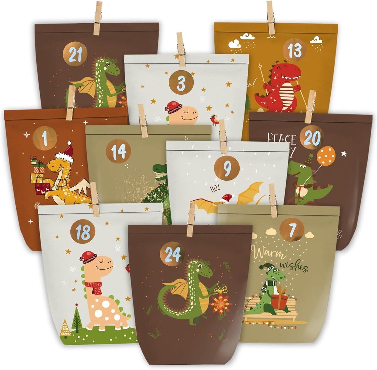 Adventskalender met 24 dinosaurus papieren zakjes om zelf te vullen