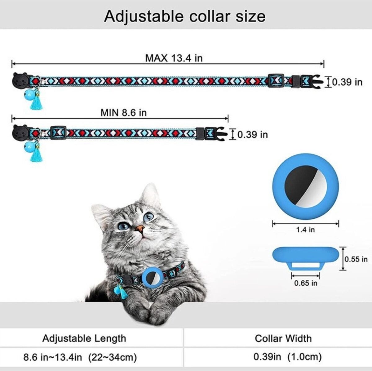 INF Collier pour animal avec pompon et clochette pour AirTag - Collier réglable en polyester compatible avec Apple AirTag Bleu