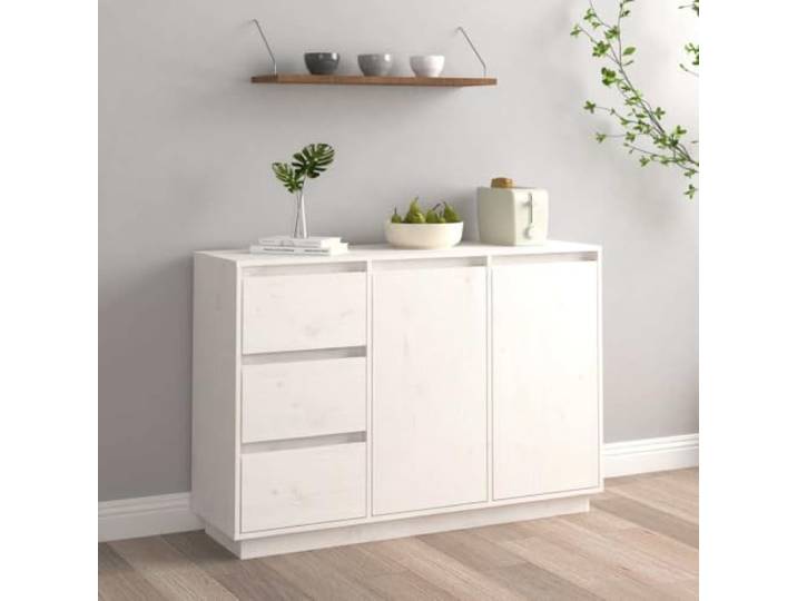 RJPLMFV Anrichte, weiß, 111 x 34 x 75 cm, massives Kiefernholz 2 Türen, 3 Schubladen, Aufbewahrung für Wohnzimmer, Wandbefestigung inklusive
