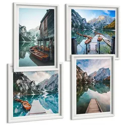 BILDER SET 4er Set - 50x50 cm & 40x60 cm Weißer Rahmen - See Berge Holzboote