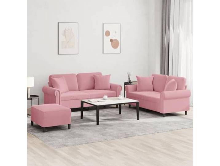 ZQQLVOO 3-TLG. Sofagarnitur mit Kissen Rosa Samt Weicher Samtbezug, stabiles Sperrholz-Metall-Gestell, dick gepolsterte Sitze, Fußhocker, 110 kg pro Sitz