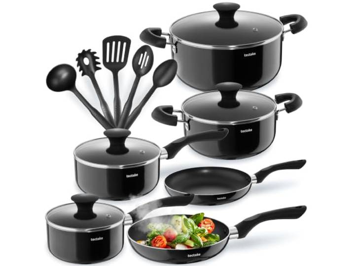 tectake® 15tlg Set mit 5x Küchenhelfer, 2x Pfanne, 4x Topf, jeweils mit Deckel, Kochtopf Set Antihaft Beschichtung, Töpfe + Pfannen aus Aluminium, Zubehör für Haushalt, Camping und Küche