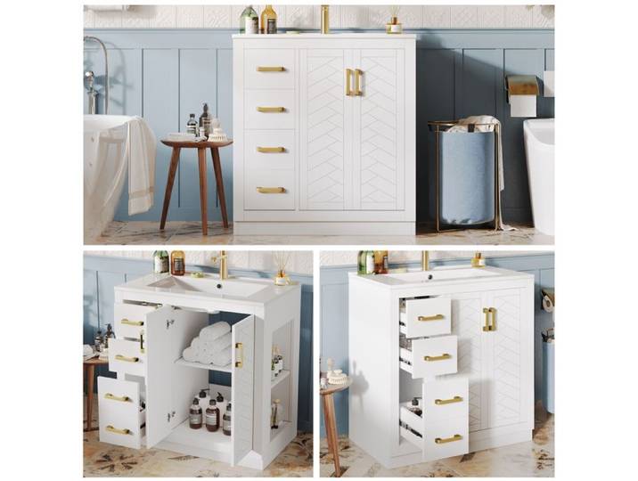 Meuble sous-lavabo avec lavabo en céramique - 3 tiroirs - Étagère latérale - 76.5×46.5×84.5 cm - Blanc - Céramique+MDF