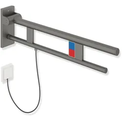 HEWI Stützklappgriff Duo, Design A, Edelstahl, pulverbeschichtet, Ausladung 750 mm, mit Spül-/Funktionstasten (E-Ausführung), links