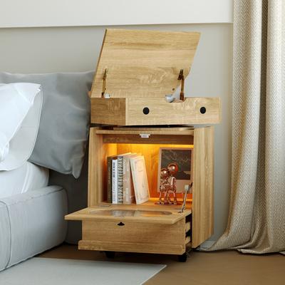 FUFU&GAGA Nightstand Rotating Storage Cabinet w/Touch Light Fluted Glass Door & Rolling Base Oak Organizer