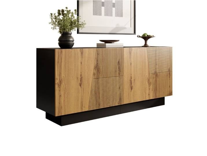 Buffet bas 160 cm - meuble de rangement moderne - noir et bois - 4 portes