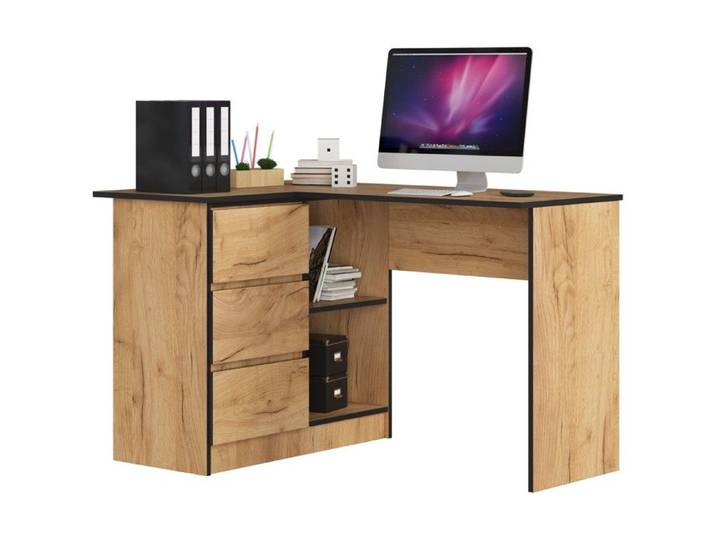 Bureau AKORD d'angle gauche B16 Chêne Craft 124 cm 3 tiroirs façade Chêne Craft 2 étagères 124x85x77 cm