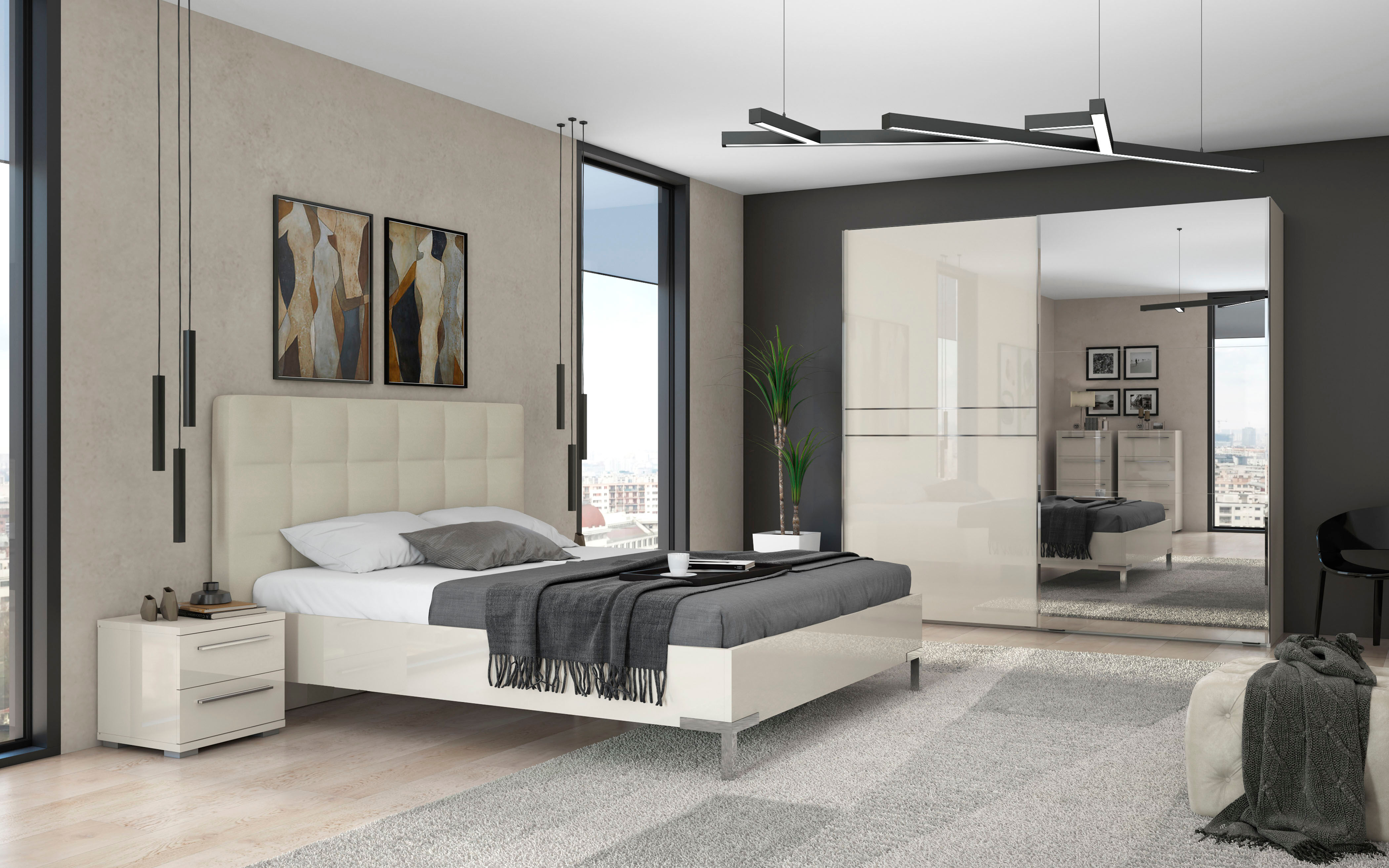 Schwebetürenschrank GOODPRODUCT "Piano, mit Einlegeböden, Kleiderstangen, Spiegel, Türen soft-close", beige (beige hochglanz), B:230cm H:224cm T:61cm, Holzwerkstoff, Schränke, Schwebetürenschrank, mit Spiegeltür, FSC-zertifizierter Holzwerkstoff beige hoc