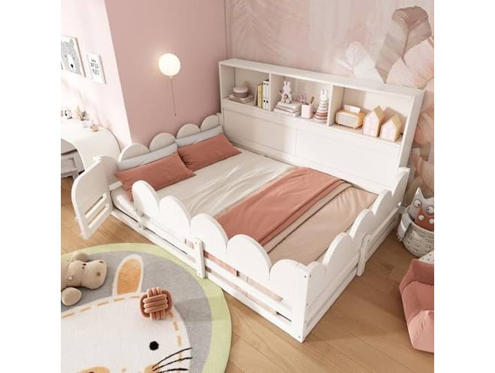 Bellemave Kinder Bodenbett 140x190cm Weiß mit Rausfallschutz, Tür, Regal