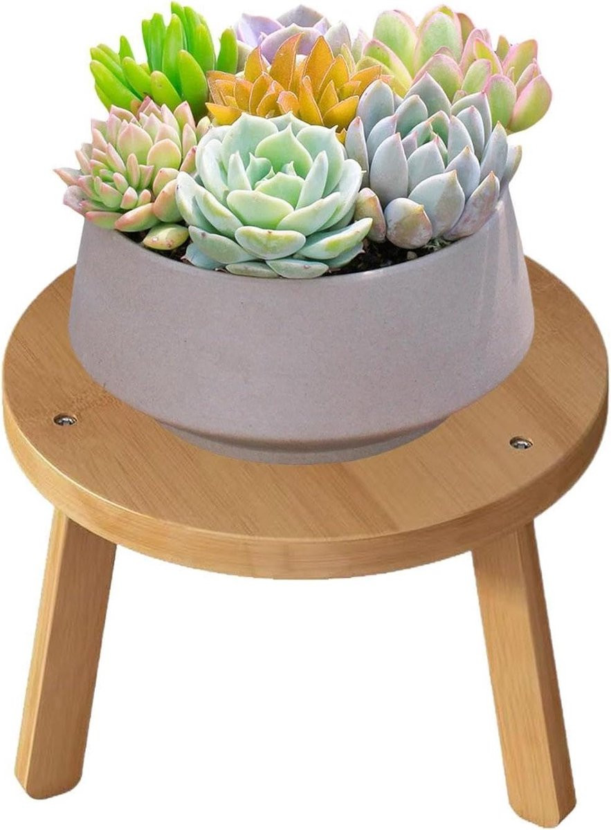 Decoratieve houten plantenstandaard - Kleine natuurlijke houten kruk - B/D: 30 x 18 cm