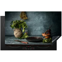 HERDABDECKPLATTE Kräuter - Gewürze - Pfanne - Messer - Grau - Rustikal Induktionsmatte 83x51 cm